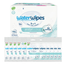 WaterWipes Sensitive+ On The Go Wipes, 100 Count (10 Packs), 3-In-1 Cleans, Care