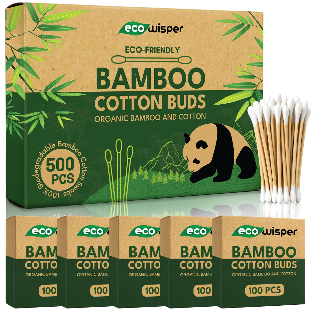 Ecowisper Bamboo Cotton Buds - 500 Eco Friendly Bamboo Earbuds Cotton Swabs - Pl