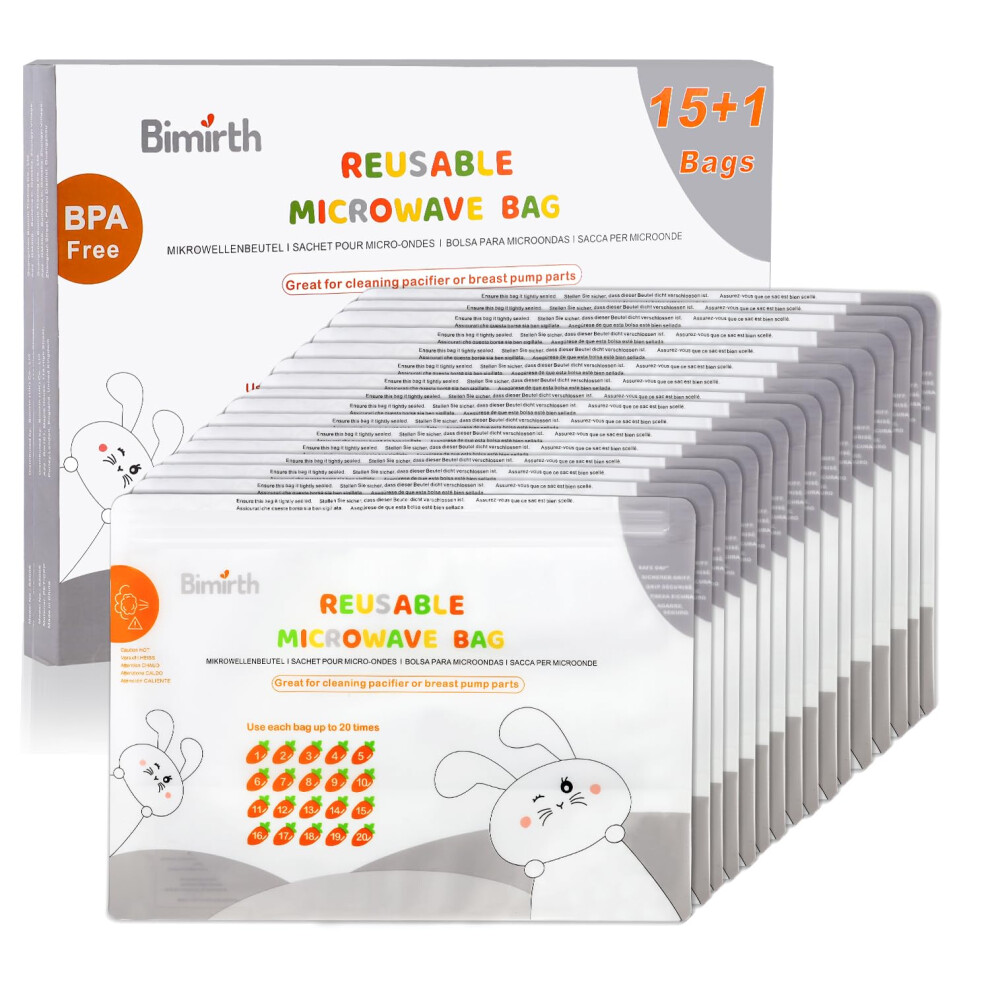Microwave Steriliser Bags, Steam Steriliser Bags, Pack Of 16 Reusable, Cleaning Baby Bottles, Pacifier, Teethers & Training Cups, 20 Uses Per Bimirth