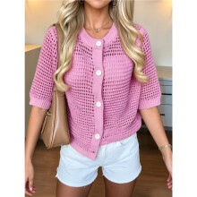 Women'S Short Sleeve Openwork Crochet Button Front Knit Cardigan Rose Red XL