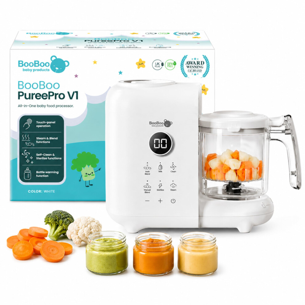 Puréepro V1 5-In-1 Baby Food Maker & Steamer Blender – Baby Food Processor, Purée Maker With Bottle Warmer, Steriliser & Self-Cleaning Booboo Baby