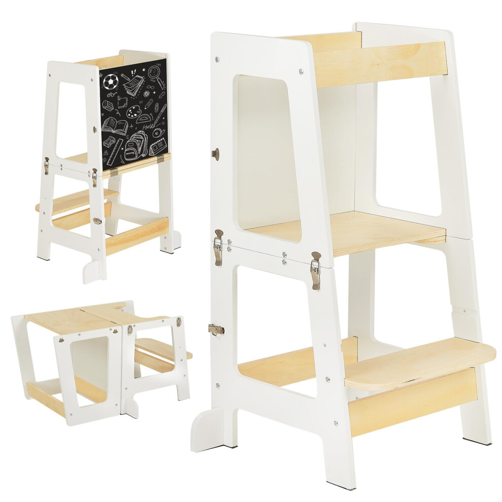 Youyijia 3-In-1 Toddler Learning Tower Kids Step Stool & Mini Desk With Safety Rail, Toddler Steps Stool With Black & Whiteboard For Kitchen Counter,