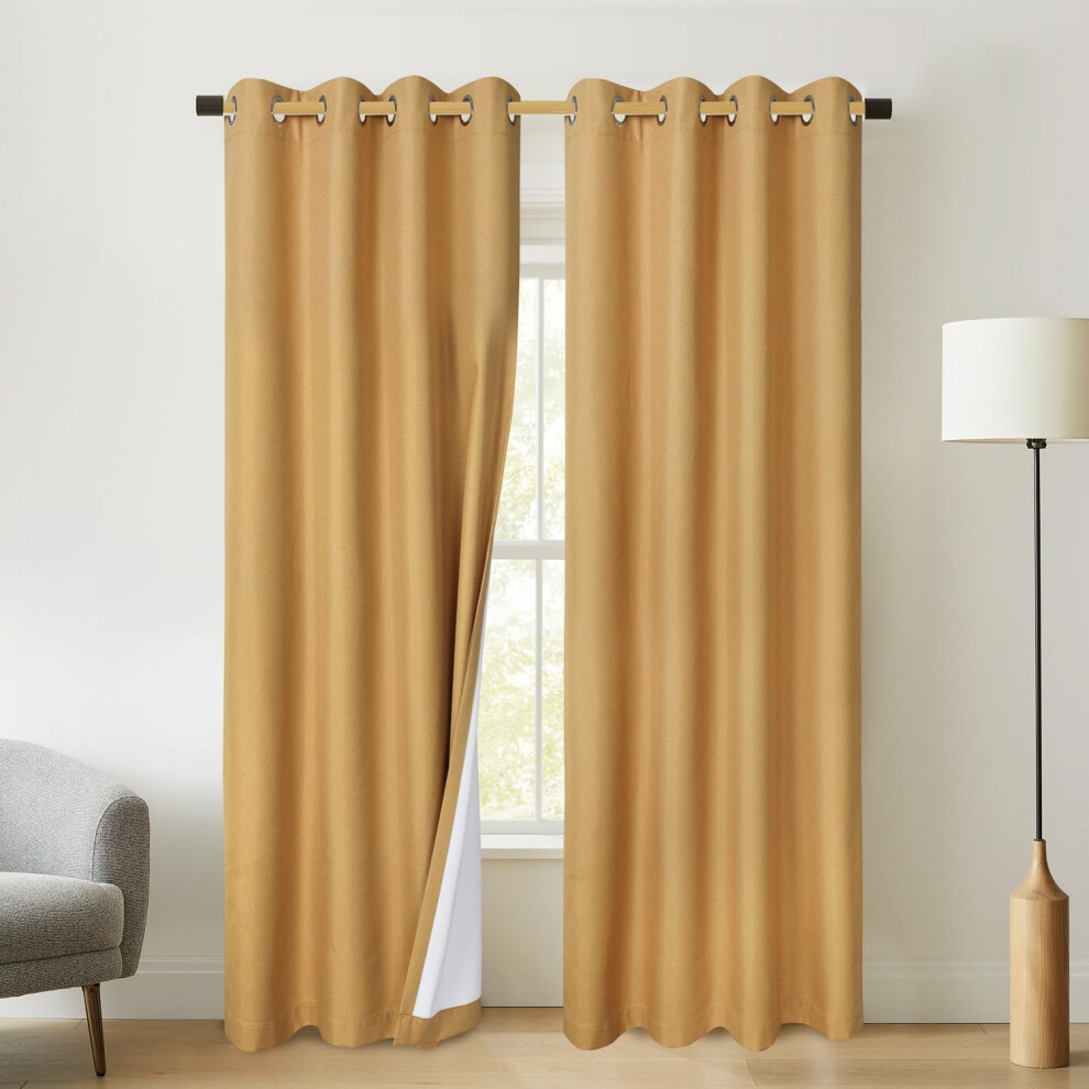 Chlophy Blackout Curtains Mustard Yellow Ochre For Bedroom Thermal 6654In Linen Faux Textured Lined Eyelet Short Light Taupe Nursery Boys Living Roo