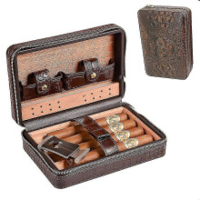 Leather Travel Cigar Humidor Case, Wood with Humidifier,4 Cigars