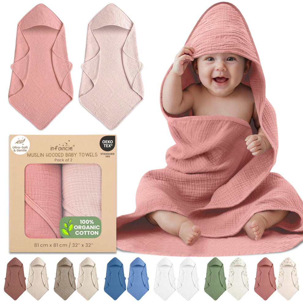 Organic Cotton Hooded Baby Towel - 2 Pack Muslin Baby Towels For Infants, 81X81 Cm Bath Towels With Hood - Super Soft, Absorbent And Durable Infancie