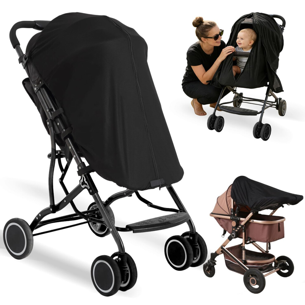 Pewingo Universal Stroller Sun Shade Cover, Upf50+ Blocks 99% Uv Rays, Zipper Design Baby Sleep Shield, Breathable Double Layer, Insect & Wind Protec