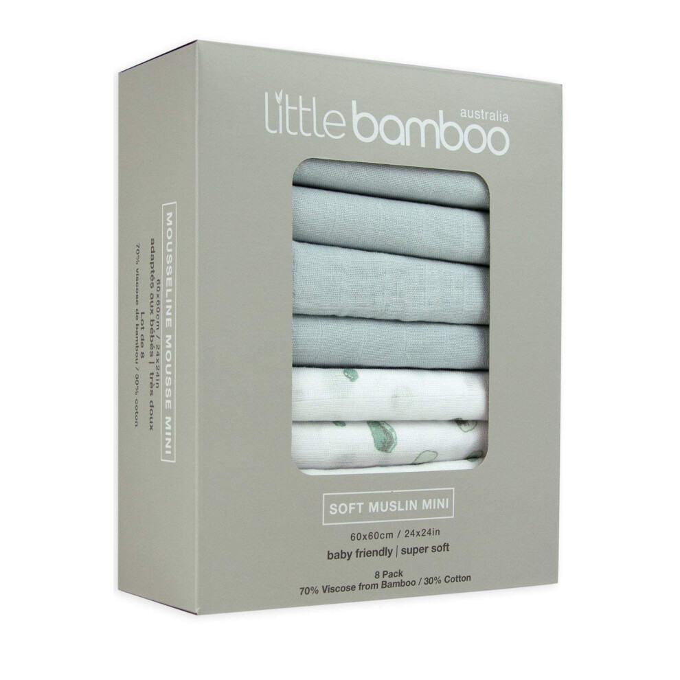 Muslin Squares 8 Pack, 60 X 60Cm, Whisper Grey Little Bamboo