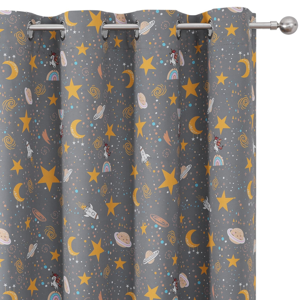 Blackout Curtains For Bedroom/Nursery, 63 Inch Thermal Insulated Star Moon Curtains For Boys Girls, Eyelet Drapes Unicorn Planet Printed Grey Vehede