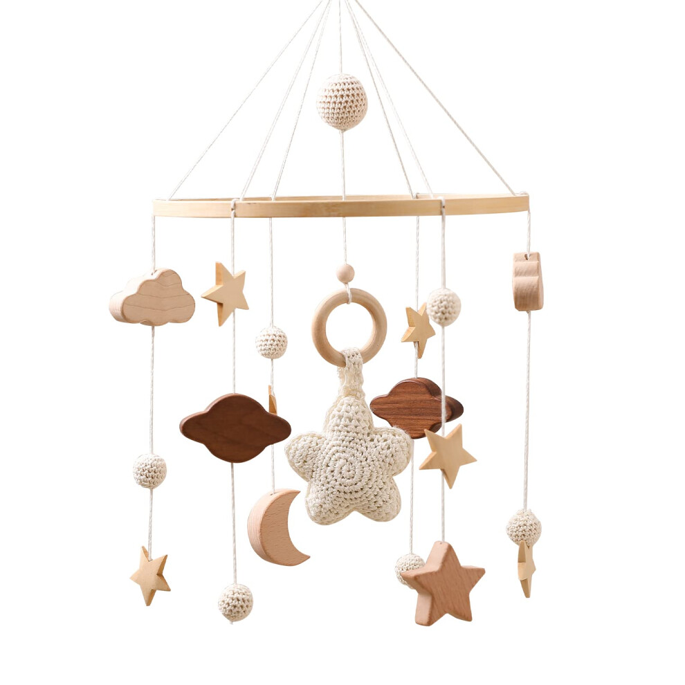 Baby Cot Mobile, Wooden Cloud Crochet Stars Moon & Ball Star Cot Mobiles, Nursery Decoration Promise Babe