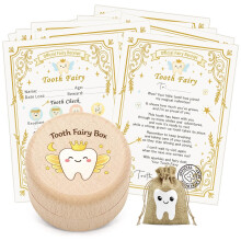 HUNGBAN 12 Piece Set tooth fairy tooth fairy box tooth fairy bag wooden keepsake holder with 10 A6 certificate cards a magical memory gift for boys g