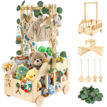 BLUE BAZAAR Wooden Baby Hamper Basket with Wheels & Handles, Babys Shower Gift Crate with Hanging Rail, Newborn Storage Organizer for Clothes, Toys &