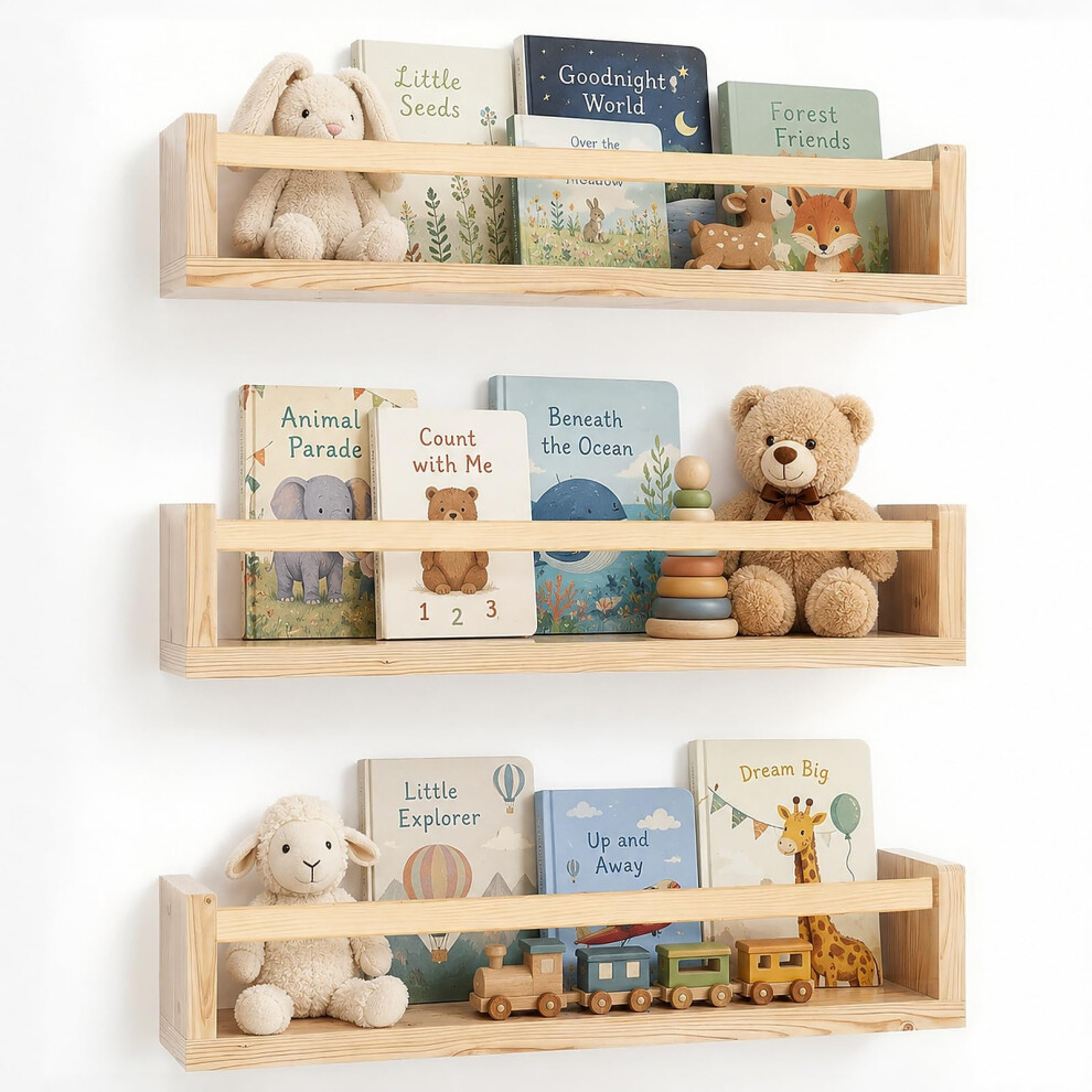 Nursery Shelves Set Of 3-16.5 Inch Baby Floating Bookshelf, Wood Wall Mounted Children’s Book Shelves For Kids Nursery Decor, Hanging Kids Fu Zonjie