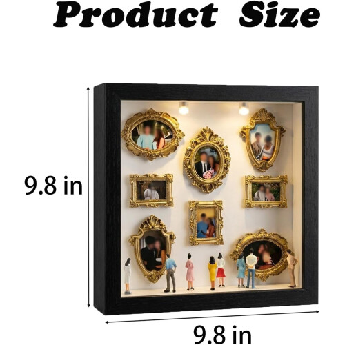 (White, -) Mini Museum Shadow Box Frame, DIY Display Case with Mini Frames & Figurines, LED String Lights 1