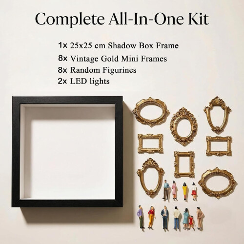 (White, -) Mini Museum Shadow Box Frame, DIY Display Case with Mini Frames & Figurines, LED String Lights 2