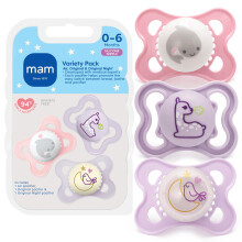 MAM Variety Pack Baby Pacifier, Includes 3 Types of Pacifiers, Nipple Shape Helps Promote Healthy Oral Development, 3 Pack, 0-6 Months, Girl