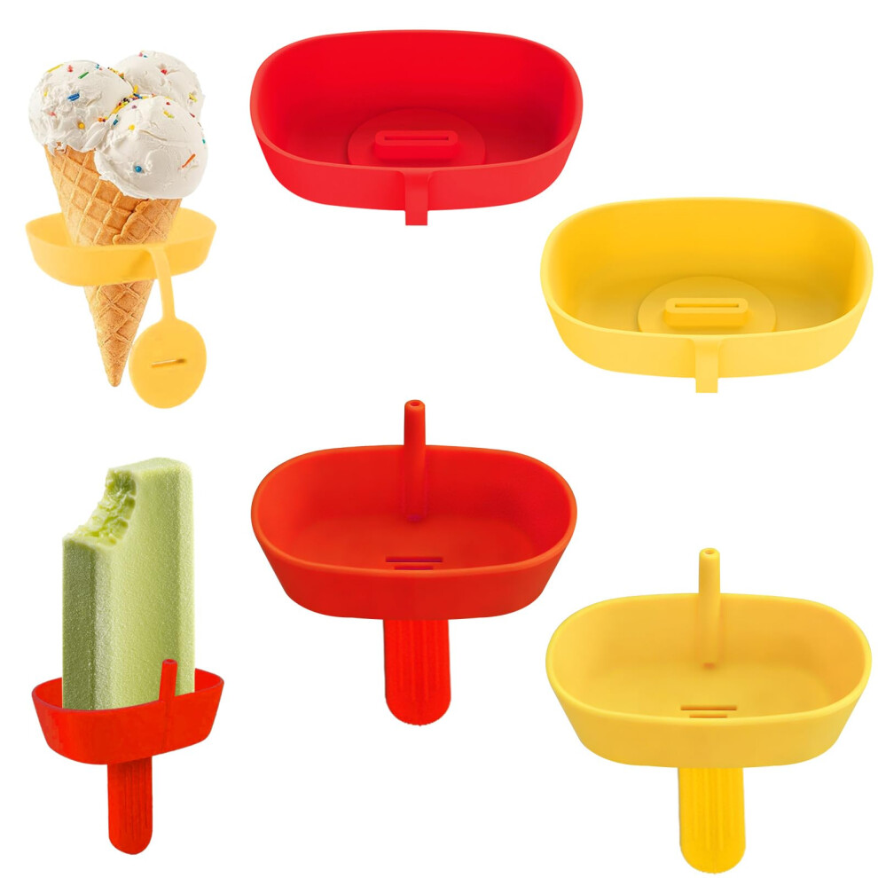 4 Pack Ice Lolly Holders For Kids - Reusable Silicone Drip Free Popsicle & Ice Holder, 2 Styles, Each In & Cream/Red/Yellow Bd-Herego