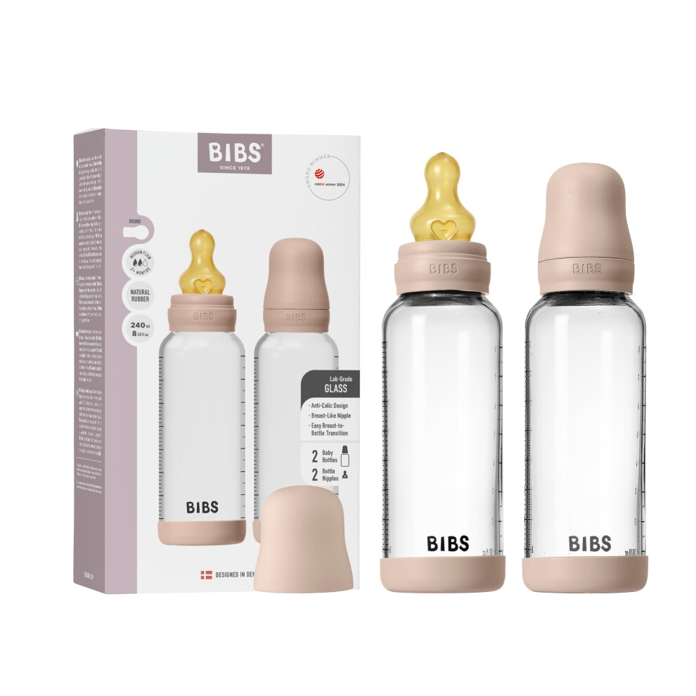 Bibs Baby Glass Bottle 2-Pack 240Ml. Anti-Colic. Vented Round Natural Rubber Latex Nipple. Supports Natural Breastfeeding, Complete Set - 240 Ml (Pac
