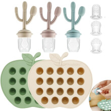 PandaEar 2 Pack Baby Food Freezer Tray & 3 Pack Baby Fruit Food Feeder Pacifier, Baby Fruit Food Feeder Teether Tray Ice Cube Maker, Silicone Feeder