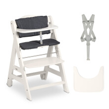 hauck Beta+, White - Wooden High Chair Set from 6 Months to 90 kg - with Wheels, Seat Cushion, Wooden Tray & Bumper Bar, 5 Point Harness & Crotch Str
