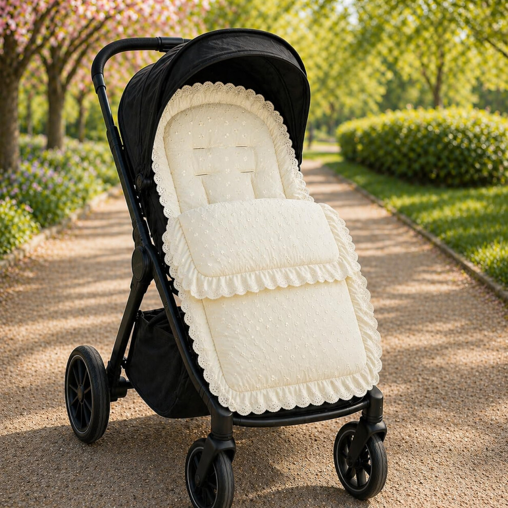 Fylo Universal Broderie Anglaise Pushchair Footmuff – Soft Cosy Toes Liner For Prams, Strollers & Buggies – Padded For Comfort, Machine Washable For Your Little One