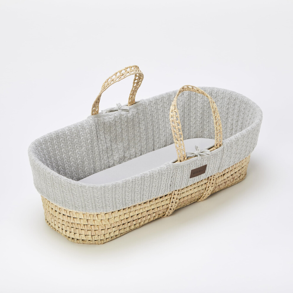 The Little Sheep Natural Knitted Moses Basket & Mattress - Dove Green The Little Green Sheep