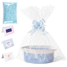 Empty Hamper Basket Gift Set, Gift Basket Hamper Kit, Blue Woven Basket with Cellophane Bags Raffia Pull Bows Greeting Card, Gift Baskets for Baby Sh