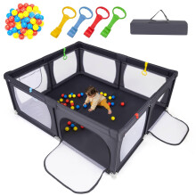 GYMAX Baby Playpen, 186 x 156 cm Toddler Fence with 50 Ocean Balls, 4 Pull Rings, Breathable Mesh, Storage Pocket and Carry Bag, Indoor Outdoor Infan