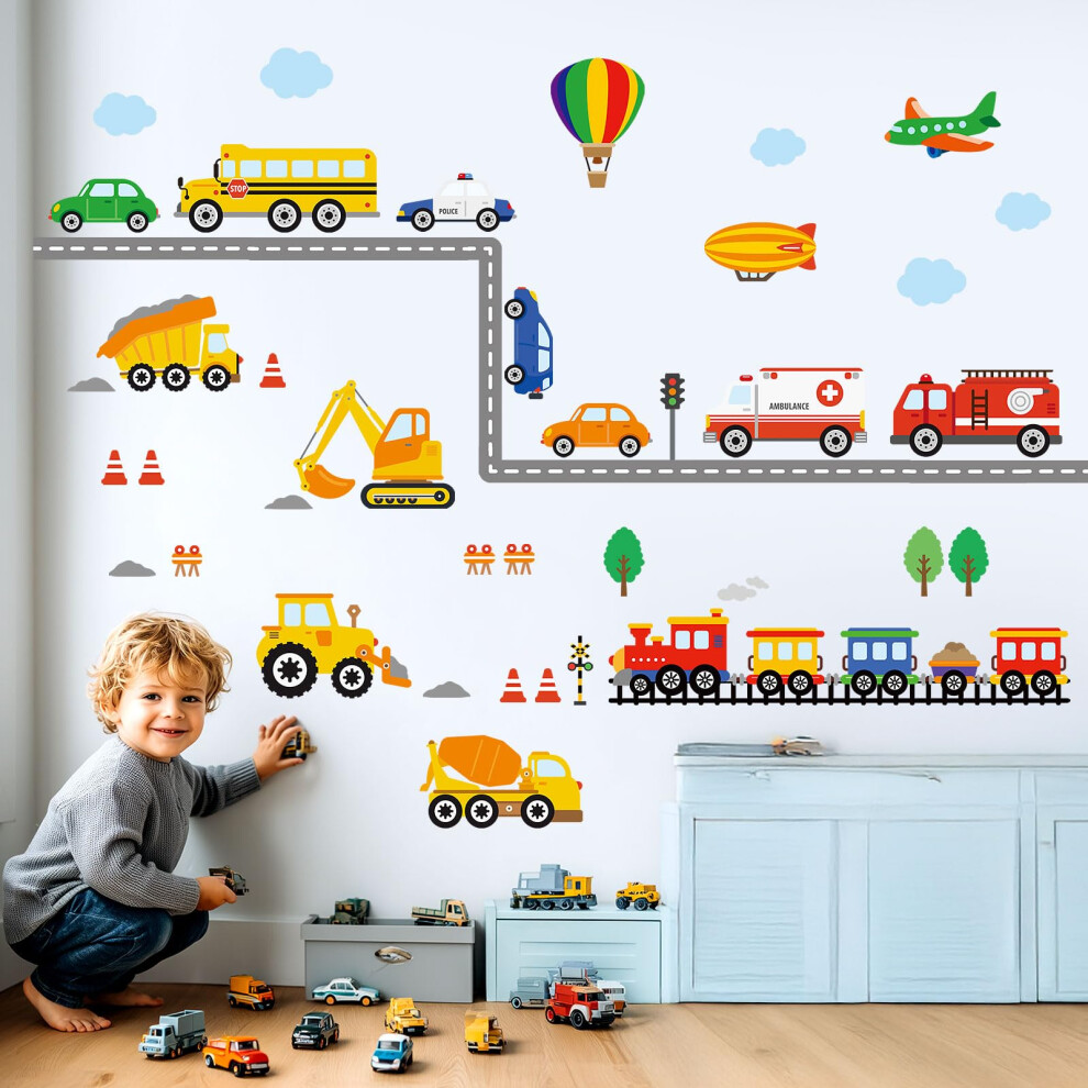 Ds-8047 Construction Vehicles Road Wall Stickers Truck Excavator Cars Transportation Decals For Kids Boys Bedroom Nursery Playroom Living Ro Decowall