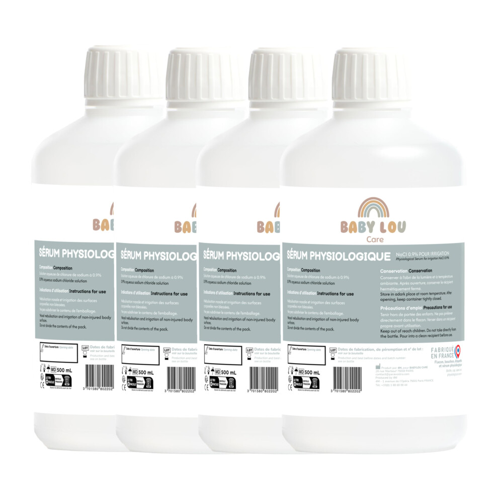 | Saline Solution Bottle - Physiological Solution 4X500ml | Nacl 0.9% | Made In France | Nasal Irrigation | Nose Hygiene | For External Babylou Care