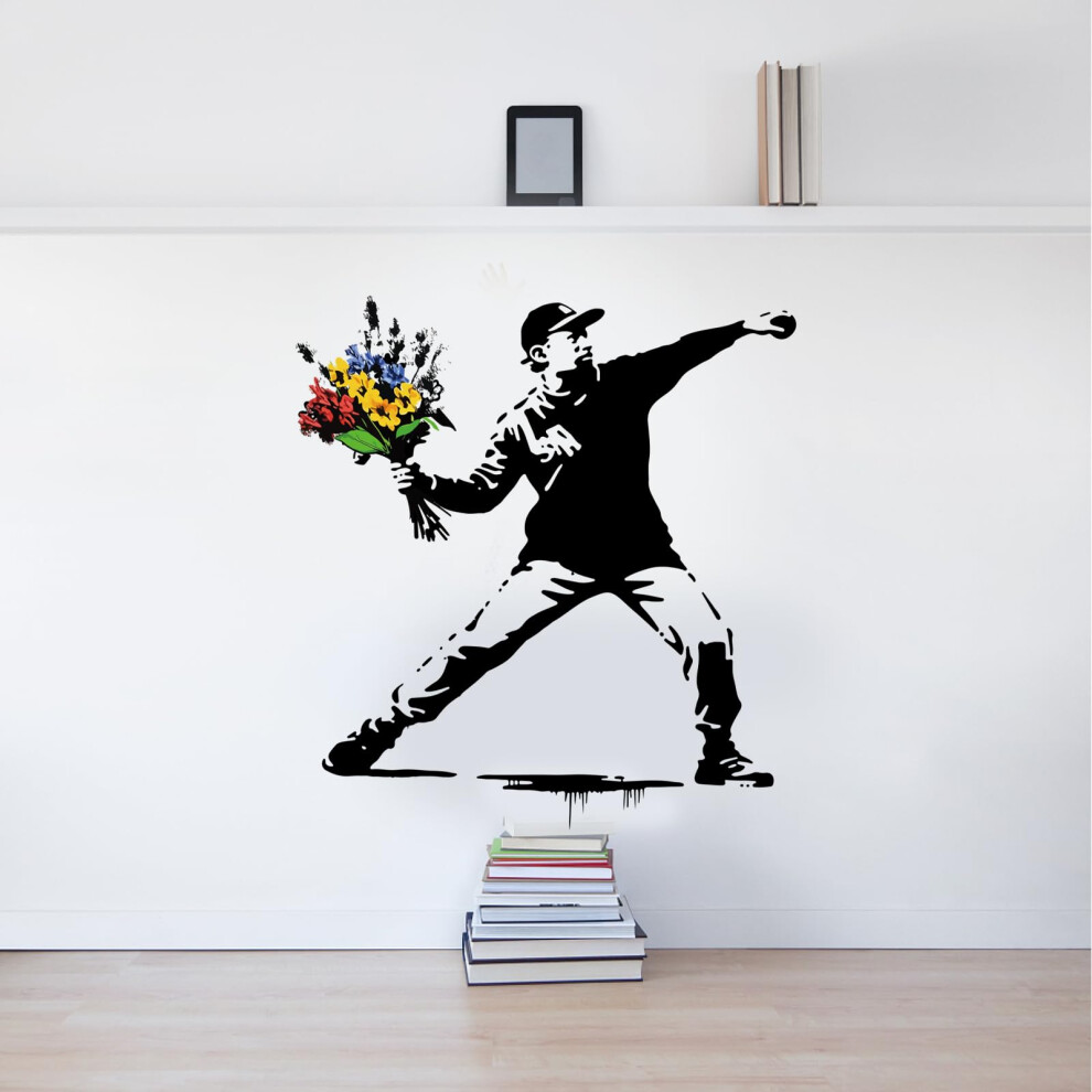 Pligreat Banksy Man Throwing Flowers Wall Stickers Removable Vinyl Wall Decals Creative Banksy Graffiti Art Mural Decals For Bedroom Living Room Nurs