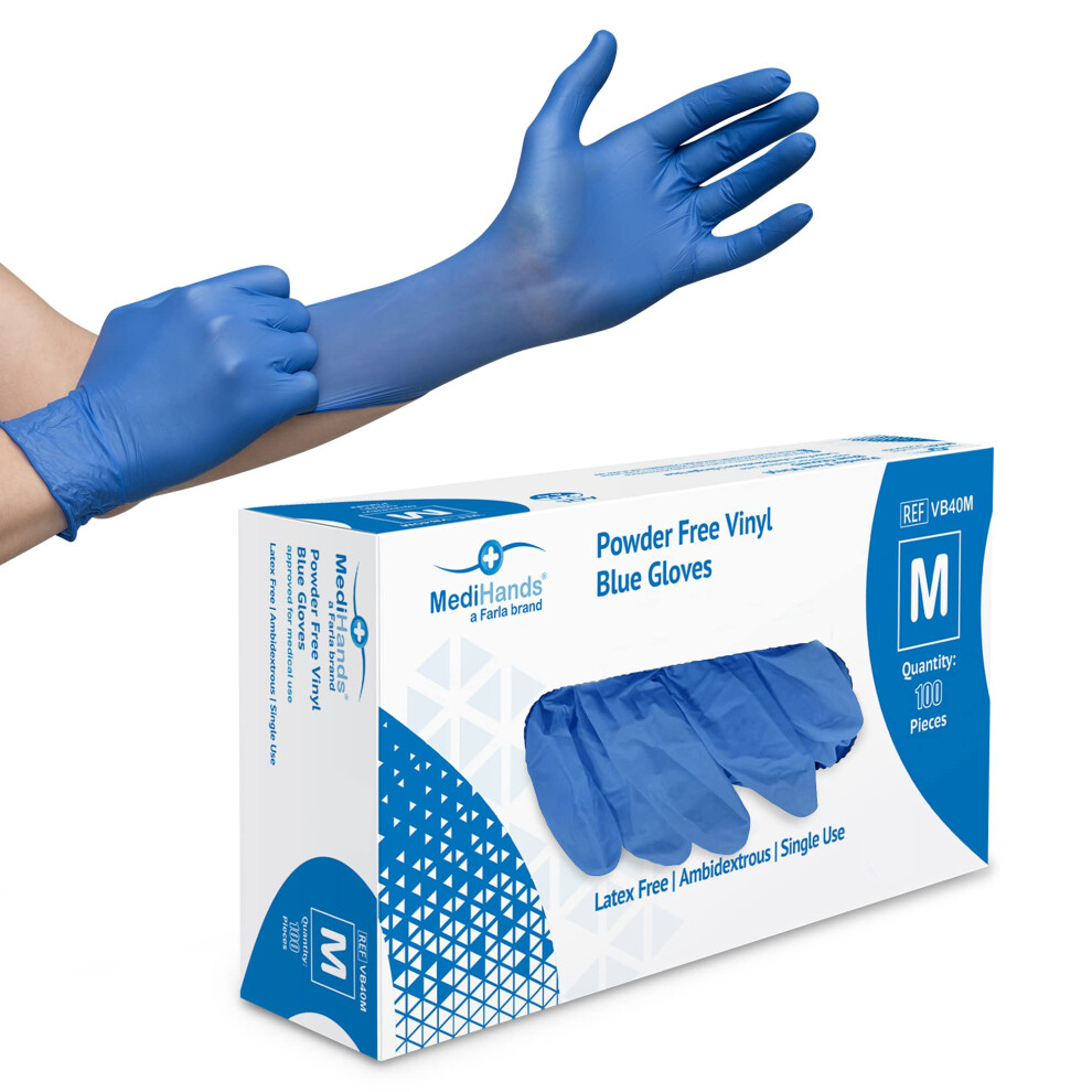 Farla Medihands Medium Vinyl Gloves - Box Of 100 Disposable Vinyl Medical Glove - Powder, Latex, & Protein Free Glove - Multi-Purpose, Single Us Blue 3058244409896