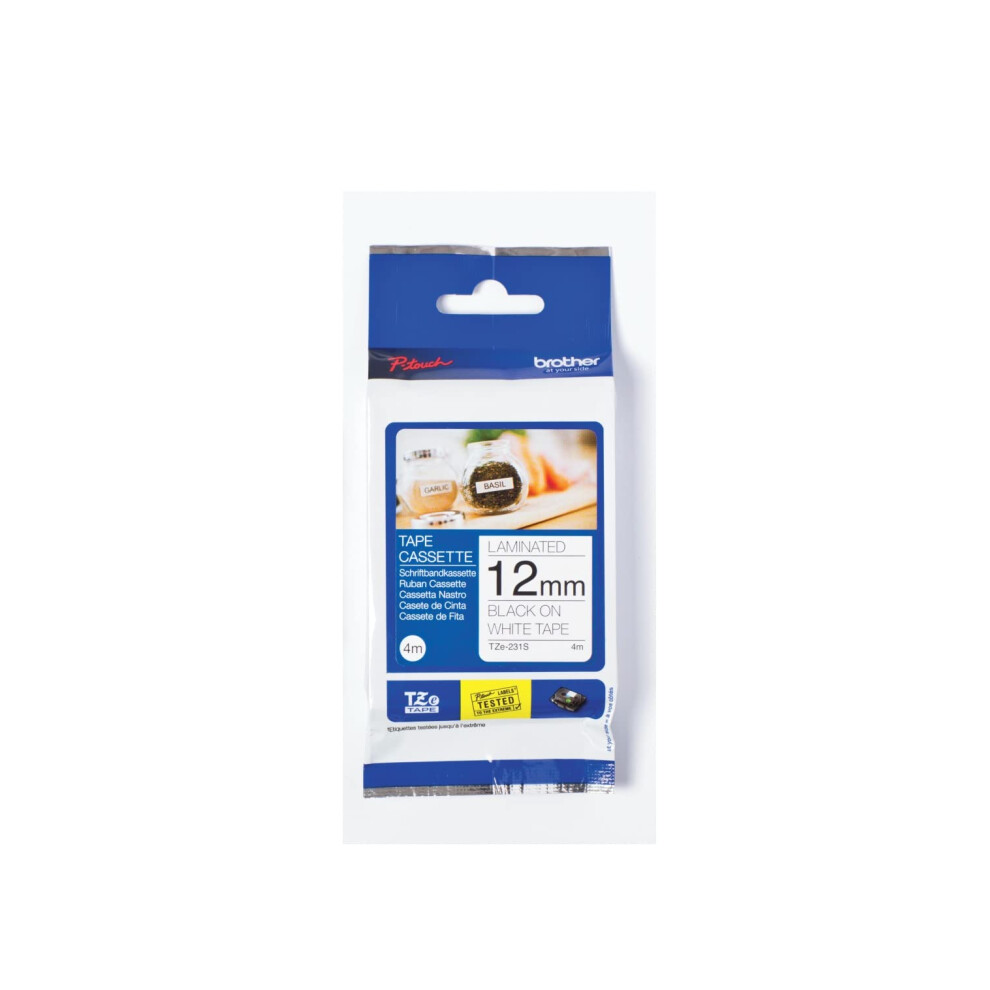 Brother 12Mm Black On White Standard Adhesive Laminated Tze Tape Cassette (4 Metres)