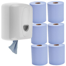 Centerfeed Paper Towel Dispenser Wall Mounted – Includes 6 Centre Pull Rolls – White, Commercial Grade, Hygienic Hands-Free Tissue Dispenser for K