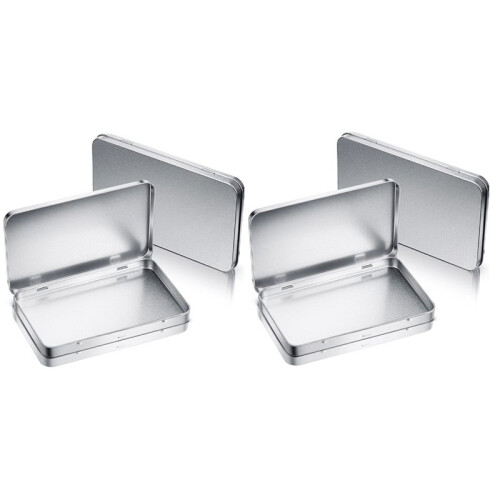 Rectangular Metal Tin Box with Lid Metal Hinged Lid Tin Metal Empty Tin Box Container Silver Storage Tin Box,4PCS