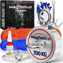MAGFISHION Magnet Fishing Kit - 700 KG (1600lb) - Ø94mm - Super Strong Neodymium Magnet with 2 Ropes, Grappling Hook, Carabiner, Gloves, Threadlocker