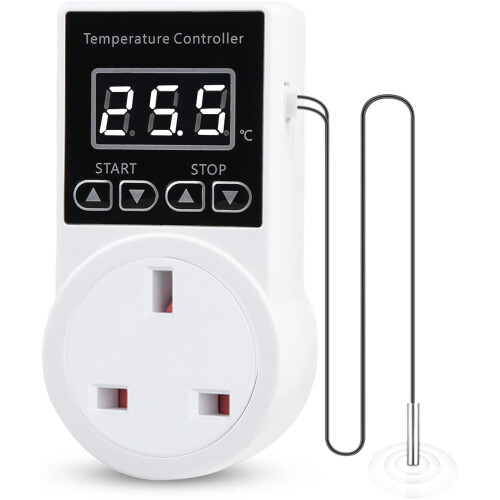 XIEHUZA Digital Thermostat Plug Socket, LCD Screen Temperature Controller with Water Proof Sensor Probe, Heating Cooling Temperature Switch Outlet fo