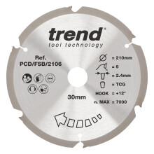 Trend PCD Fibre Cement Circular Saw Blade, 210mm Diameter, 30mm Bore, 6 Teeth, 2.4mm Kerf, +12 Hook, PCD, Coarse Finish, PCD/FSB/2106