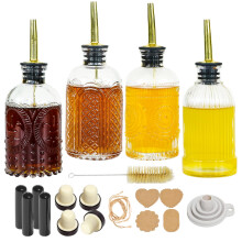Oudizz 4 Pack Coffee Syrup Dispenser Coffee Bar Station - 200ml Honey Syrup dispenser Bottle Set with Spouts, Bottle Stopper, Spoon, Brushes, Funnel