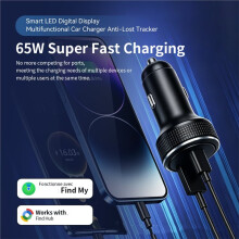 MFI 65W Fast Car Charger with Upgraded Dual-System Anti-Loss and Location Tracker Ambient Light Findmy Findhub