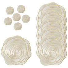Conjunto de 12 Jogos Americanos e Porta-Copos Redondos Dourados Fanquare com Estampa de Rosas para Decoração de Sala de Jantar
