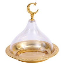 Metal Ramadan Tray with Clear Dome Lid, Cake Candy Tray, Reusable Dessert Tray, Round Food Storage Organizer