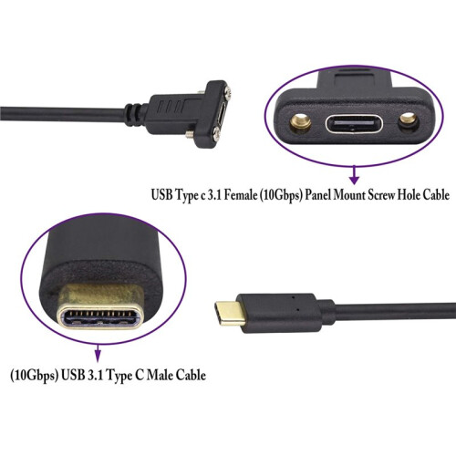3.1 Typ-C Förlängningskabel med Panelmonteringsskruv, 0,5 M USB-C Förlängningskabel USB-C Hane Till USB C Stöder Laddning