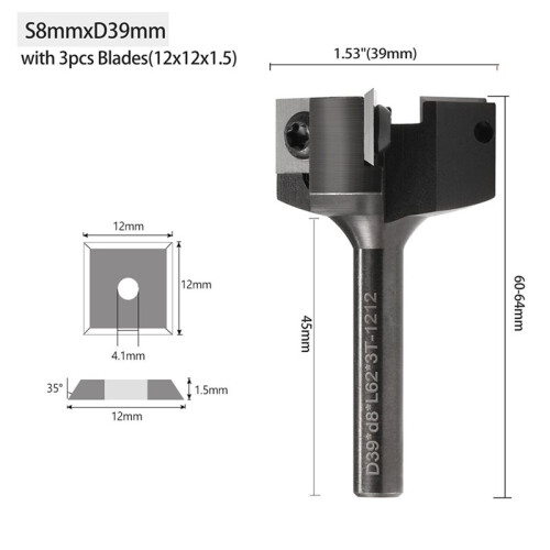 Shank Replaceable Blade Planing Bit Milling Cutter Insert-Style Spoilboard CNC Surfacing Router Bits for Wood 8mm