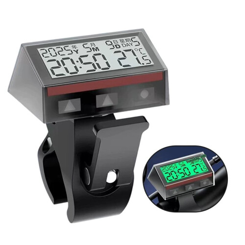 Motorcycle Ebike Solar Power Clock with Date Week Temperature LCD Backlit Display Waterproof Thermometer with Stand C