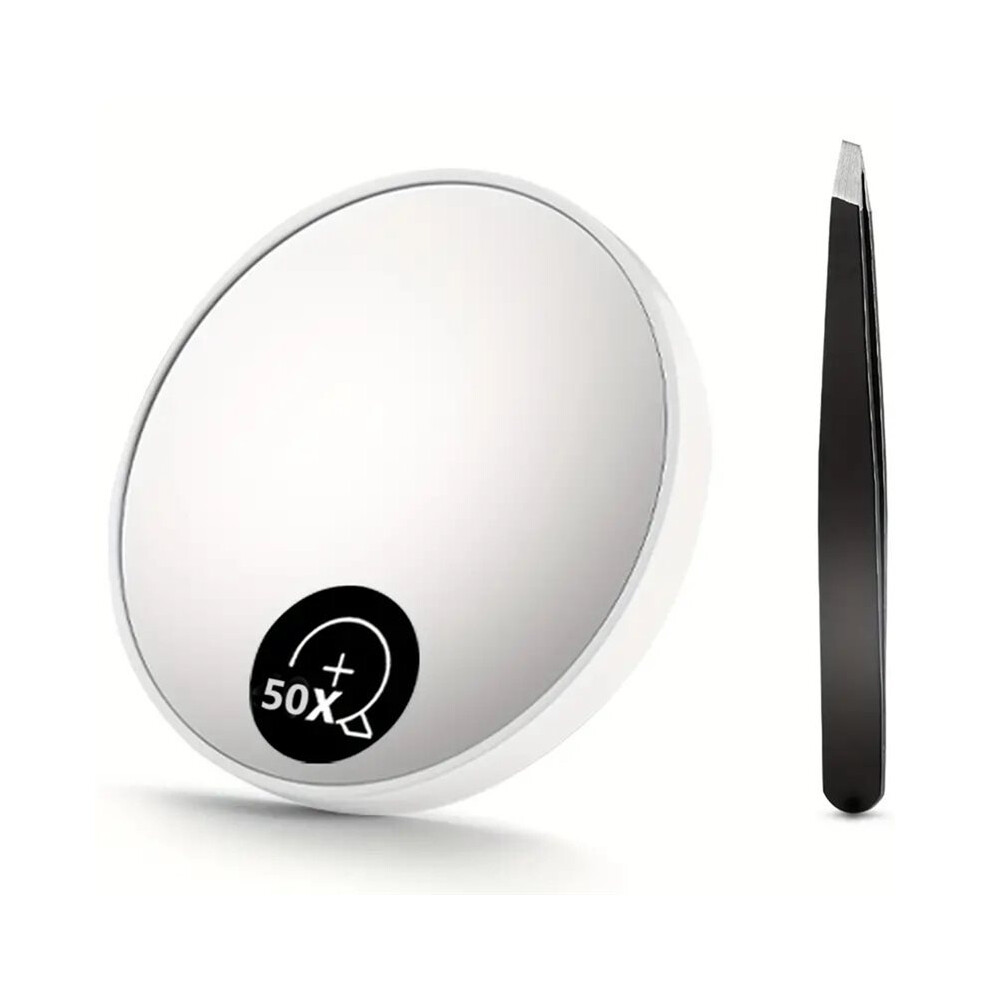 Magnifying Mirror with Suction Cups 3.5 Inches Magnified Makeup Mirror and Slant Tweezers for Detailed Skincare 50X