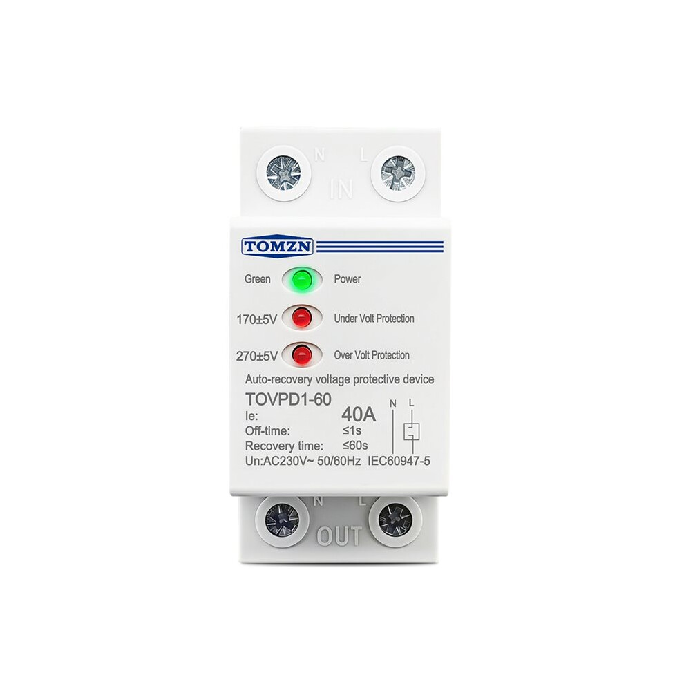 Tomzn Tovpd1-60 Din Rail 40A Ac230v 3Led Auto Reconnect Over/Under Voltage Protective Device Protector Protection Relay 4711328912291