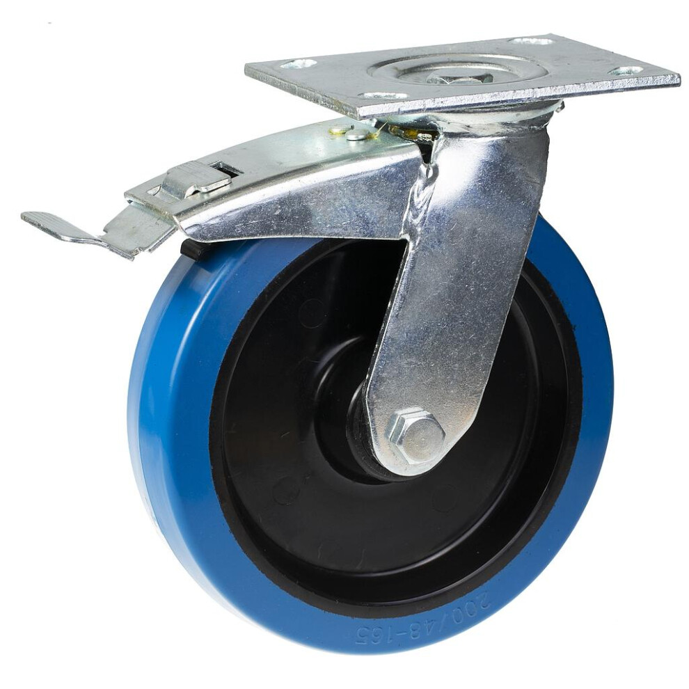 200Mm Swivel/Brake Castor With Blue Elastic Rubber On Nylon Centre Wheel 5056116804884