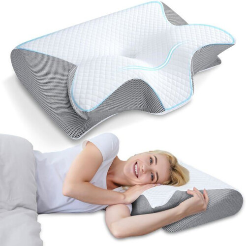 Ergonomic Cervical Pillow, Orthopedic Memory Foam Neck Support Pillow for Side and Back Sleepers, Grey