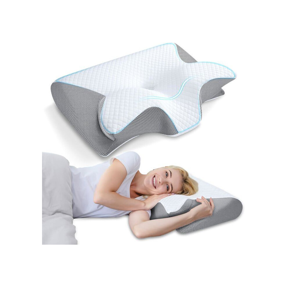 Grey Ergonomic Cervical Pillow, Orthopedic Memory Foam Neck Support Pillow For Side And Back Sleepers,