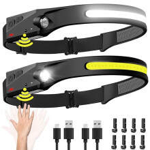 2er-Pack Wiederaufladbare Stirnlampe mit 230-Weitwinkel-LED-Stirnlampe und Bewegungssensor - Campingzubehör, zum Wandern, Laufen und für